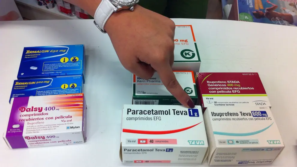 Varias cajetillas de paracetamol e ibuprofeno en una farmacia de Zaragoza. El círculo en la parte superior de estas indica la prohibición de dispensarlas sin receta.