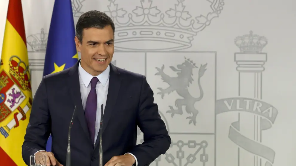 El presidente del Gobierno en funciones, Pedro Sánchez, durante la rueda de prensa en el Palacio de la Moncloa,
