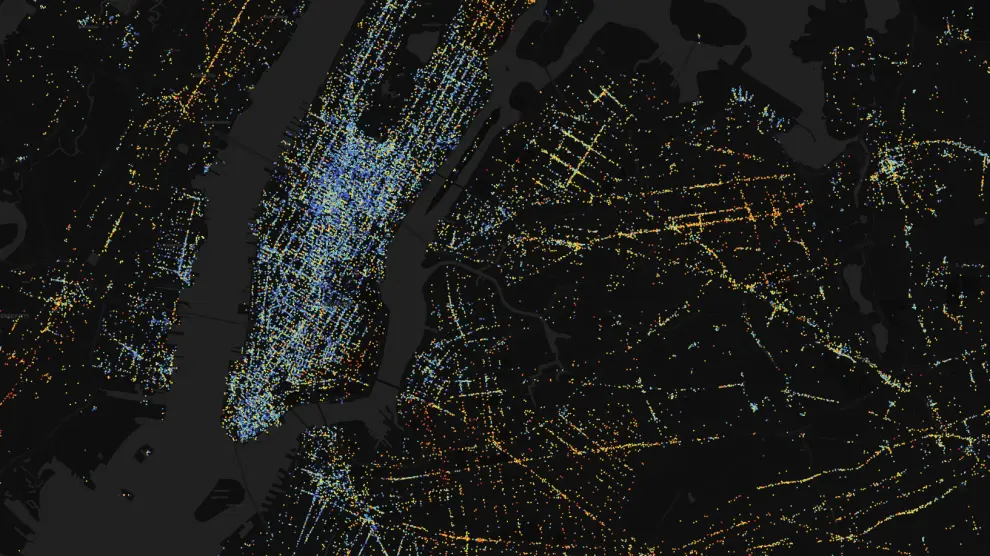 Atlas de la Desigualdad de la ciudad de Nueva York. Manhattan, llena de puntos azules, es la zona con mayor diversidad de la ciudad. MIT Media Lab