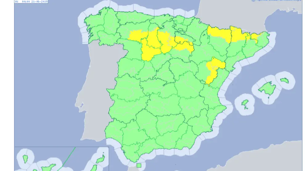 Mapa con prealerta amarilla por lluvias y tormentas para este jueves en algunos puntos de Huesca y Teruel