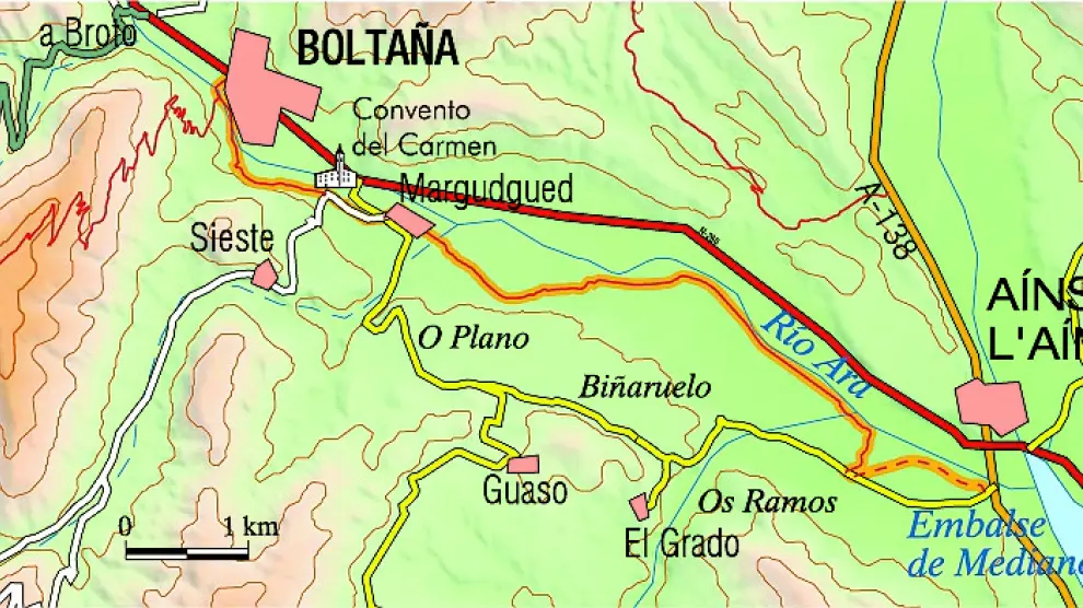Mapa de la ruta Aínsa-Boltaña
