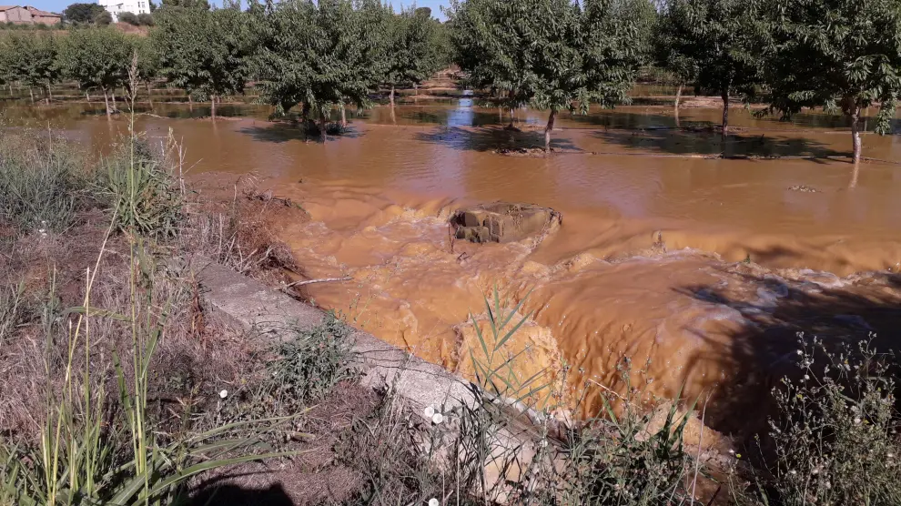 Una rotura del canal de Aragón y Cataluña inunda campos y granjas de Tamarite y obliga a cortar el riego en plena campaña