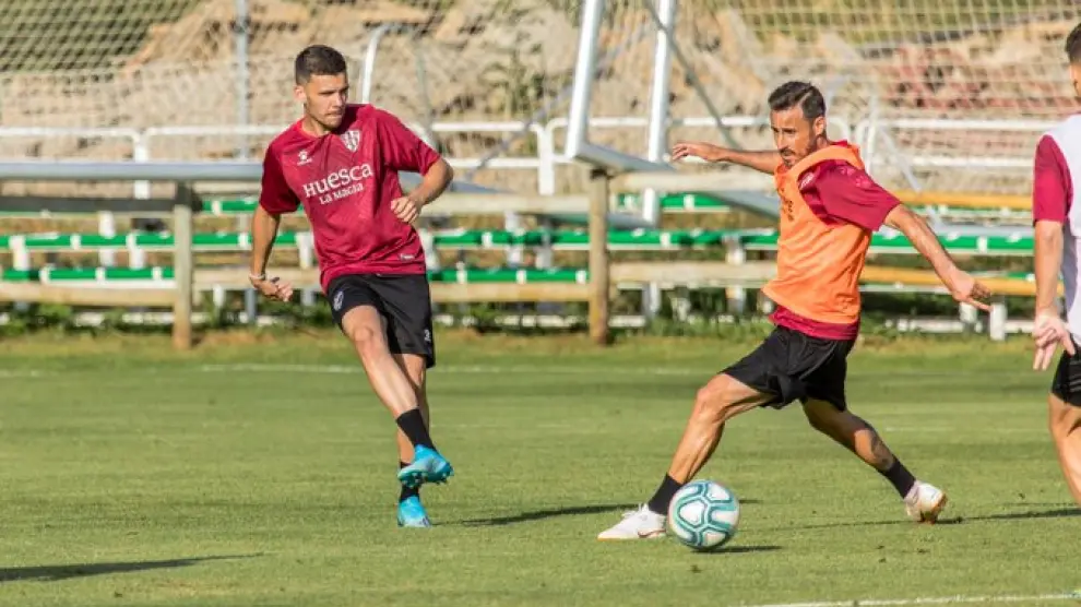 Álex Gallar y Pedro López durante el entrenamiento de este lunes.