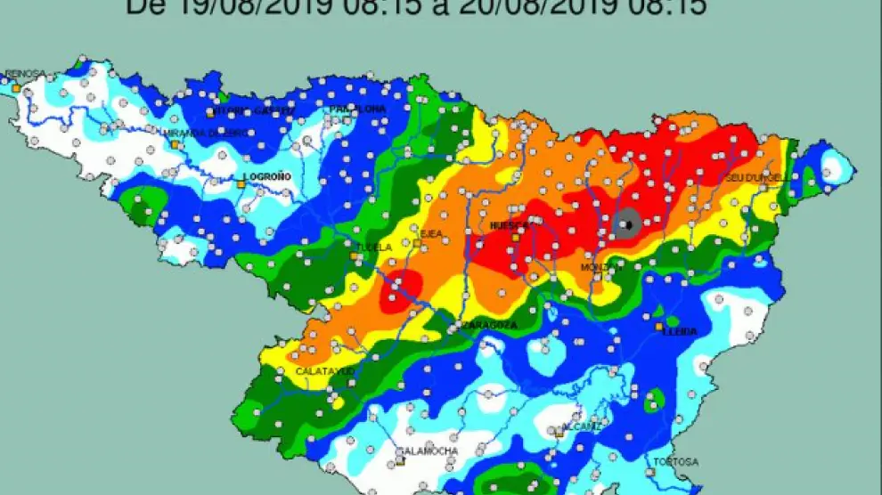 Mapa de la CHE con las precipitaciones caídas este martes.
