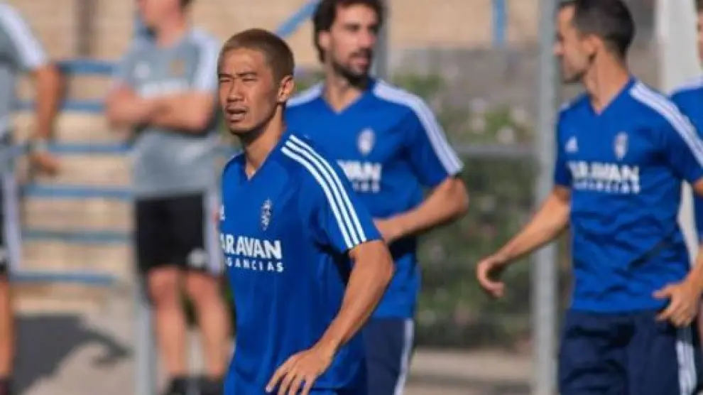 Kagawa, en un entrenamiento de la semana pasada con el Real Zaragoza.