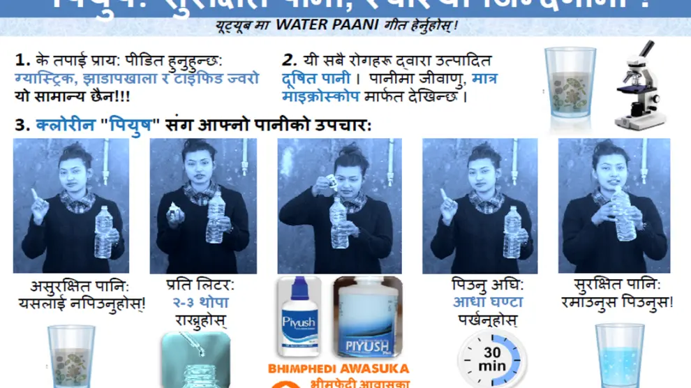 Cartel en Nepalí sobre el funcionamiento de los sistemas de cloración.