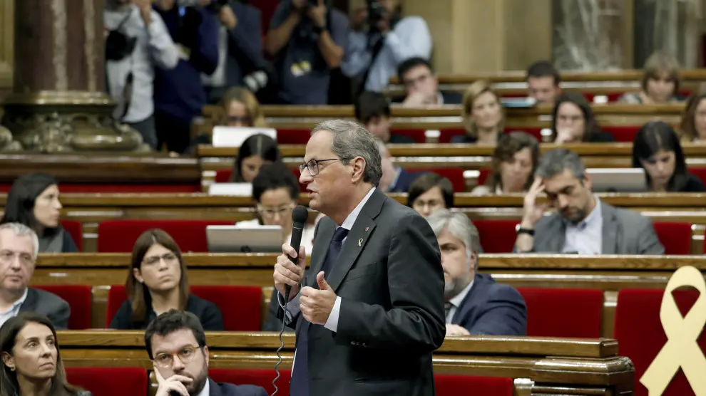 El presidente de la Generalitat, Quim Torra, durante una de sus intervenciones en el pleno de la cámara catalana.