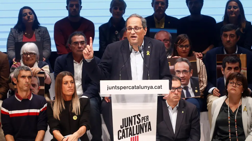 El presidente de la Generalitat, Quim Torra, durante el acto de inicio de campaña.