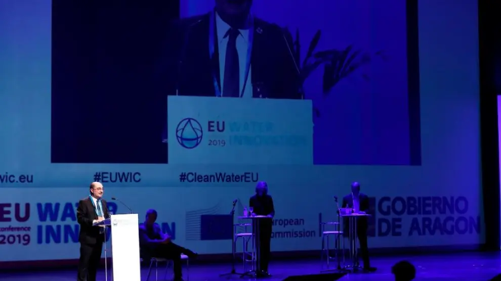 Javier Lambán, durante la apertura de la Conferencia Europea de Innovación y Agua 2019 en Zaragoza.
