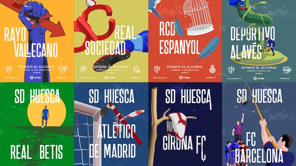 Algunos de los originales carteles que diseñaron la temporada pasada para los partidos de la SD Huesca en Primera.