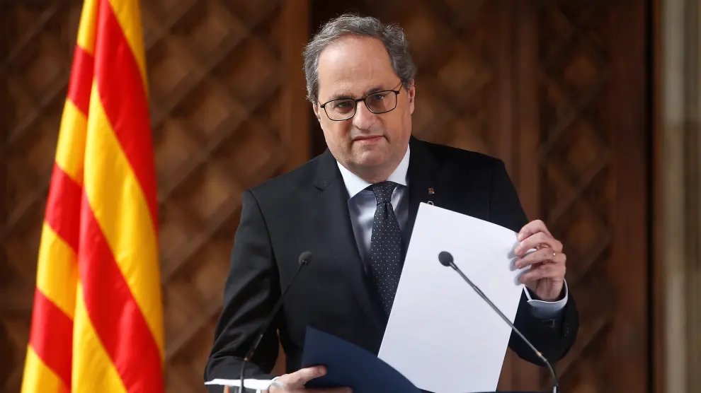El presidente de la Generalitat, Quim Torra, durante la declaración institucional de este miércoles