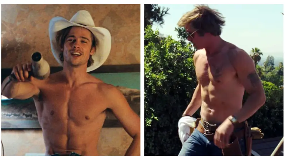 30 años entre estas dos fotos: a la izquierda, Brad Pitt en 'Thelma y Louise'. A la derecha, en 'Érase una vez en Hollywood'.