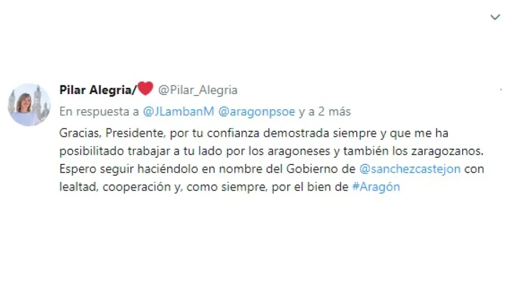 Respuesta de Pilar Alegría al tuit de Lambán
