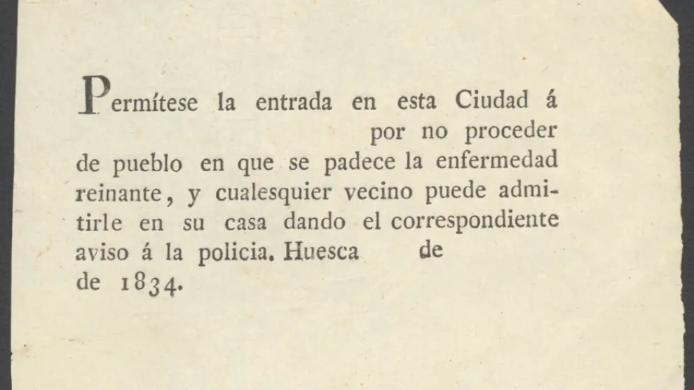 Billete que autorizaba a entrar en Huesca por proceder de un lugar sin enfermedad en 1834.