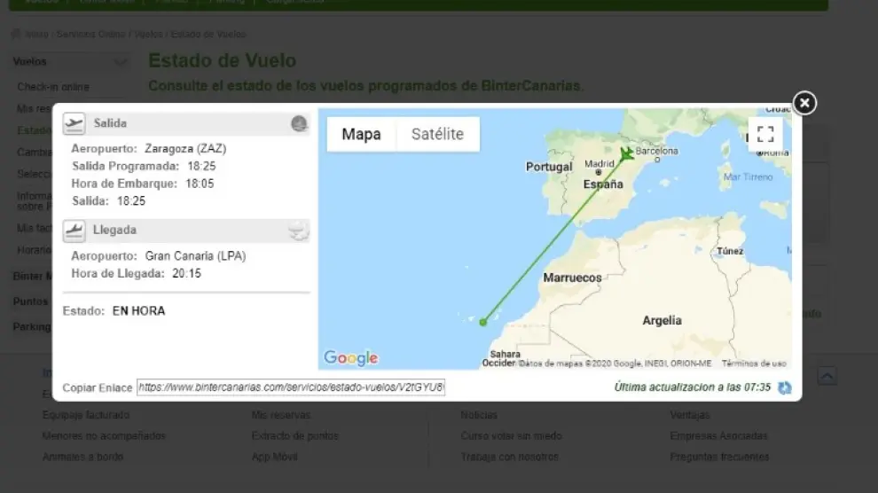 El vuelo Zaragoza-Las Palmas se mantiene operativo en la mañana de este lunes, según la web de Binter.