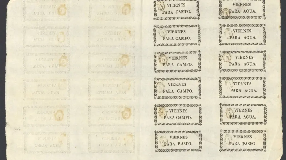 Impreso con papeletas para salir en viernes "para campo", "para agua" o "para paseo", del año 1834.