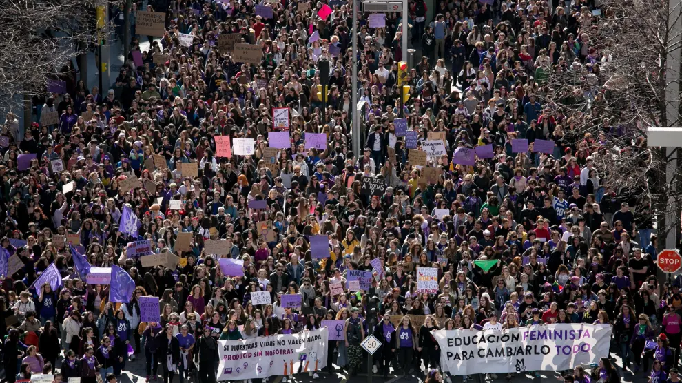Manifestación feminista en Zaragoza el 8 de Marzo de 2019.