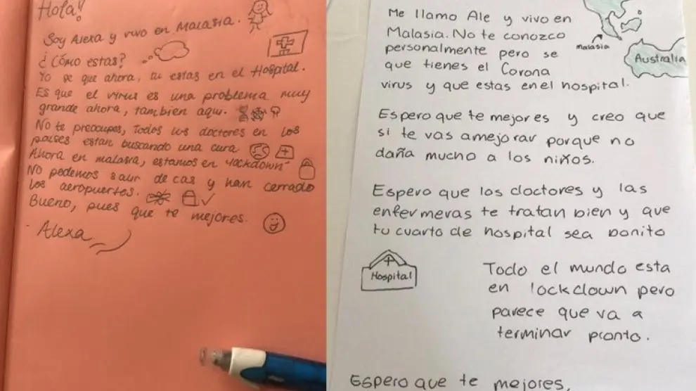Dos de las cartas de ánimo escritas por alumnos de español de Kuala Lumpur.