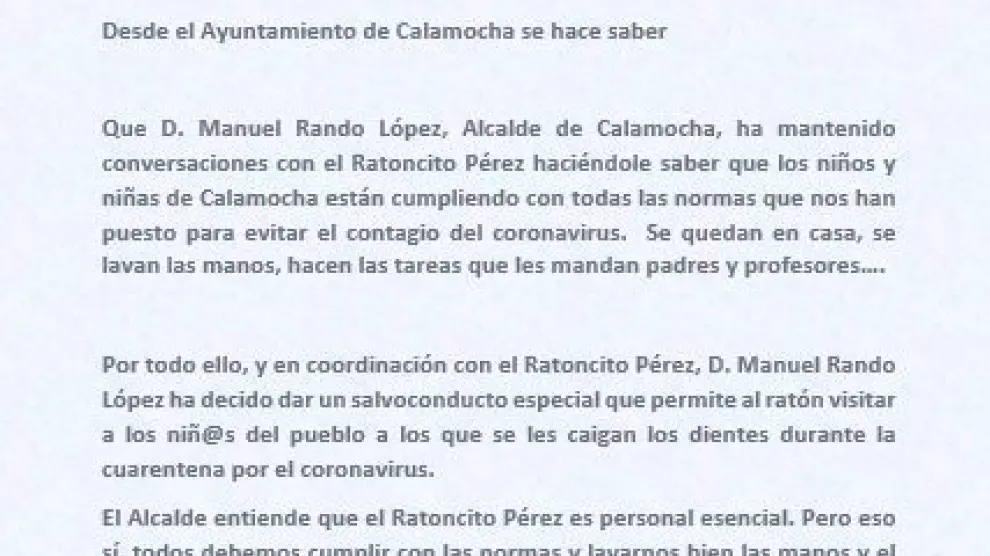 Bando emitido por el alcalde de Calamocha, Manuel Rando.