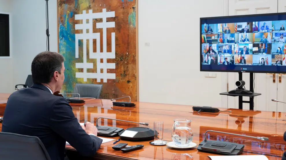 Pedro Sánchez en la videoconferencia de este domingo con los presidentes autonómicos