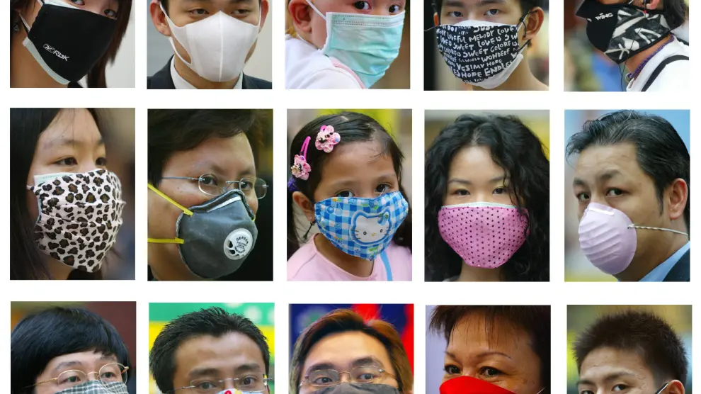 A combination photograph shows fashionable masks worn by people in Hong Kong to protect themselves against the Severe Acute Respiratory Syndrome (SARS) in this April 2, 2003 file photo. Residents of Hong Kong, always quick to spot a fashion trend, are turning to colourful surgical masks to beat the blues as a deadly virus stalks the territory. Facewear in psychedelic colours, bold prints and even polka dots are increasingly seen on the streets, in the subway and in offices as residents try to ease the daily strain of living behind a mask. REUTERS/Kin Cheung/Bobby Yip/Files [[[HA ARCHIVO]]] ODD HEALTH PNEUMONIA FASHION