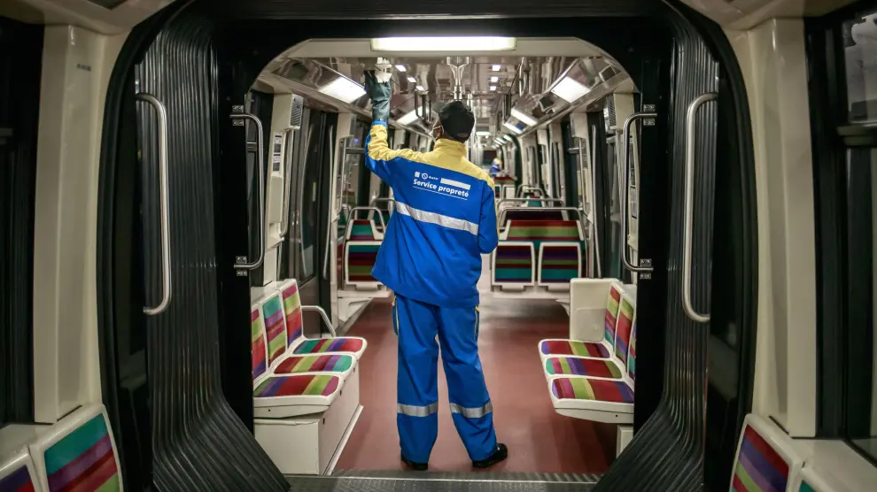 Cleaning of metro trains in Paris amid coronavirus pandemic
