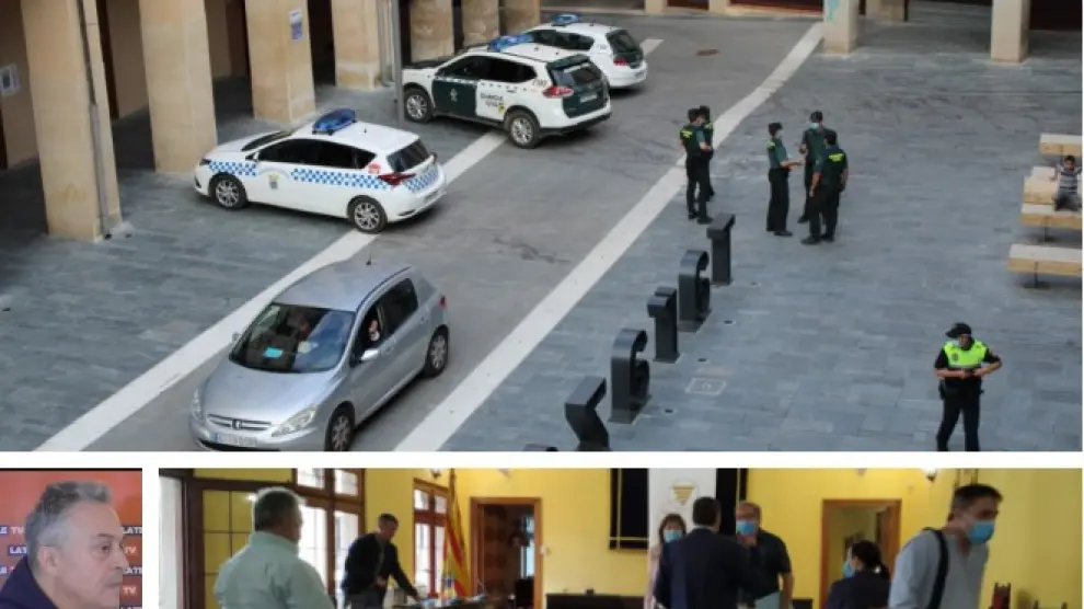 Arriba, efectivos de la Policía Local y la Guardia Civil, este jueves, a las puertas del Ayuntamiento de Tarazona. Abajo, el consejero comarcal Eloy Valero y el momento en el que se suspende la sesión del consejo comarcal.
