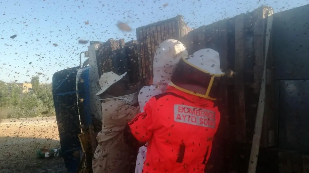 Intervención de los Bomberos de Soria tras el vuelco de un camión con panales de abejas.