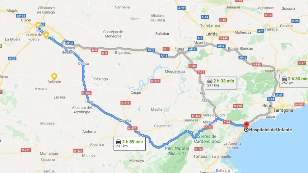Mapa con las rutas más habituales entre Zaragoza y Salou.