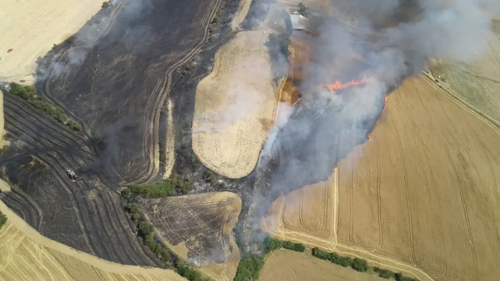 Vista aérea del incendio agrícola en Sos del Rey Católico.