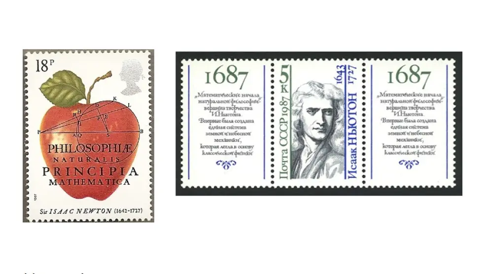 Sellos dedicados a 'Principia' (Reino Unido, 1987) y su autor, Isaac Newton (Rusia, 1987)