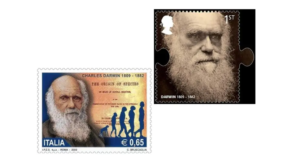 Sellos dedicados a Darwin en su año, 2009, en Italia y Reino Unido