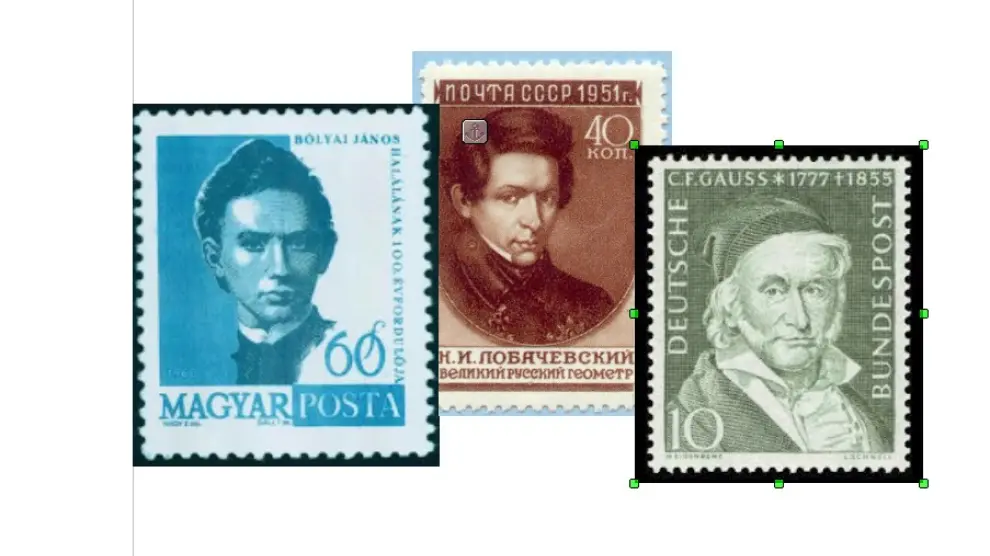 Sellos dedicados a János Bolyai (Hungría, 1960), Nikolái Lobachevski (URSS, 1951) y Carl Friedrich Gauss (Alemania, 1955)