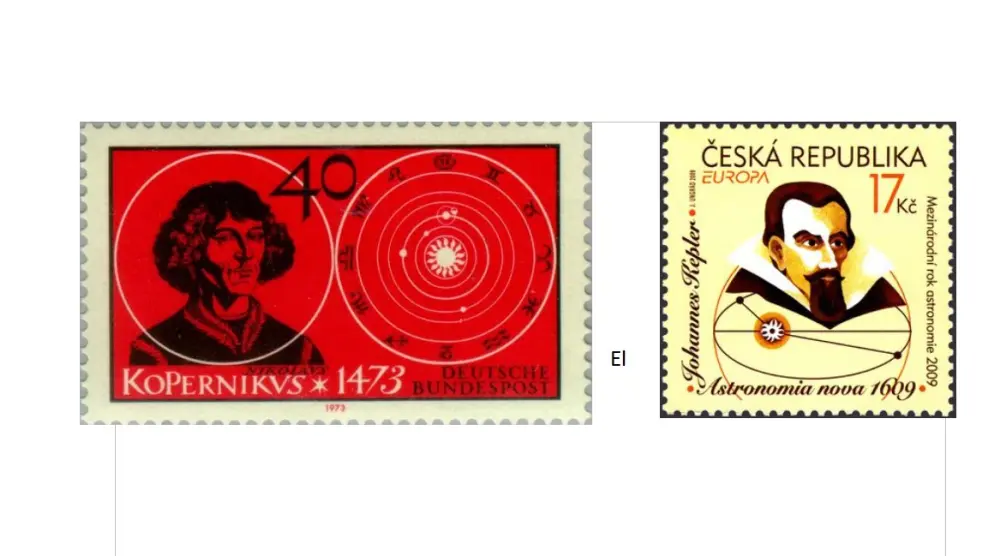 Sellos dedicados a Copérnico (Alemania, 1973) y Kepler (República Checa, 2009)