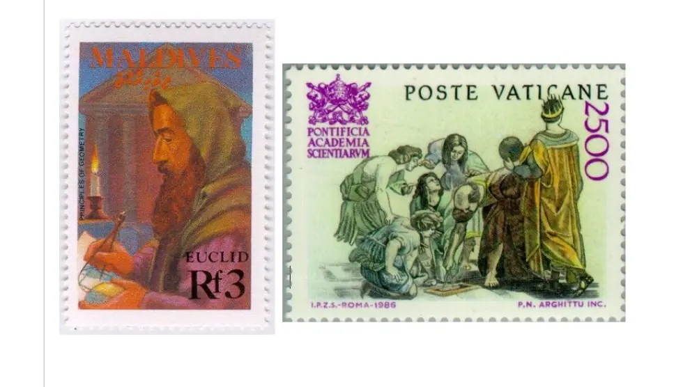 A la izquierda, sello de Maldivas (1988) dedicado a Euclides. A la derecha, sello con un fragmento del cuadro de Rafael 'La escuela de Atenas', emitido por el Vaticano en 1986
