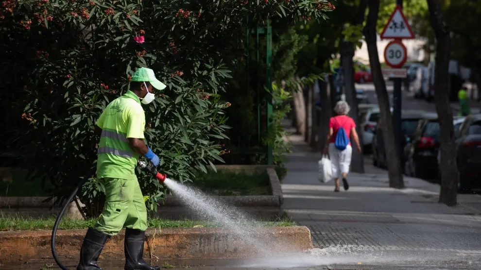 Un operario desinfecta las calles de Delicias, este viernes, junto al centro de salud de la Bombarda.
