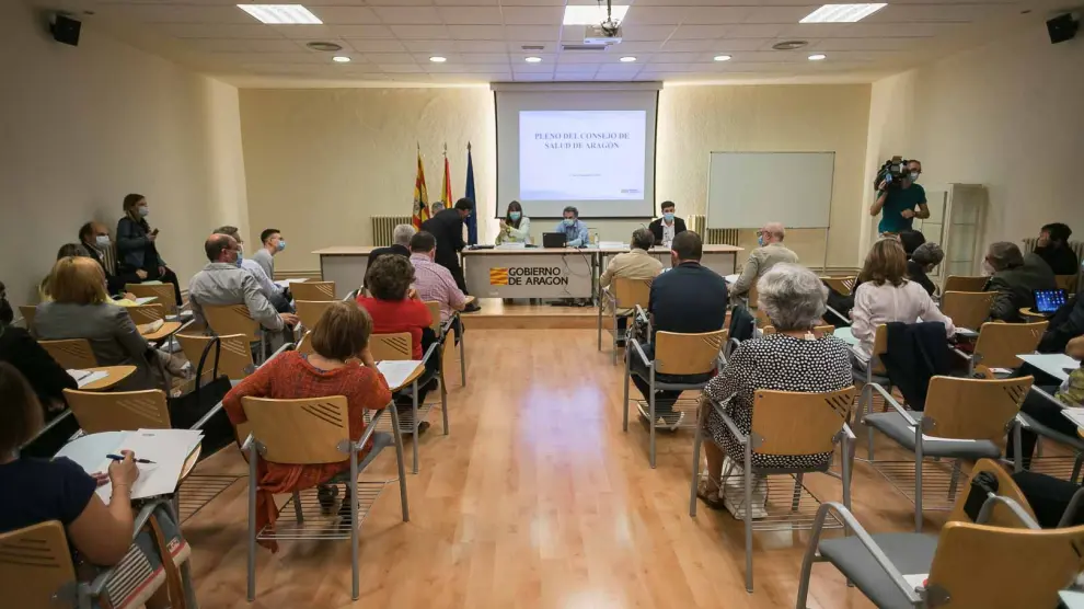 La consejera de Sanidad, el director general de Salud Pública y el director general de Derechos y Garantías de los Usuarios, en el pleno del Consejo de Salud de Aragón. .