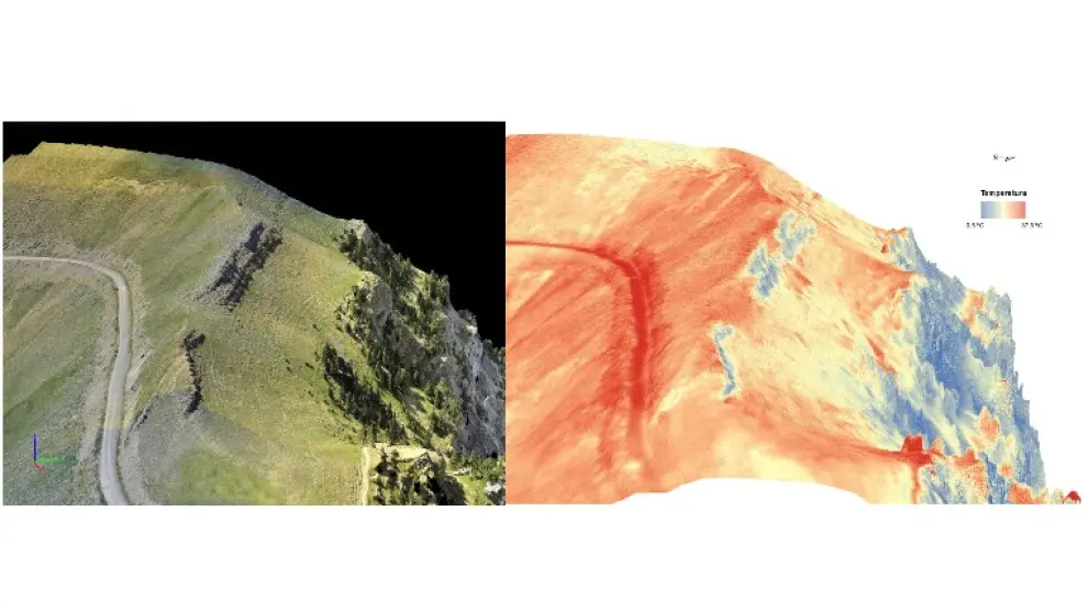 Una zona con vertientes norte y sur del Parque Nacional de Ordesa y Monte Perdido, vista en imagen digital (izquierda) y en imagen térmica en 3D (resolución de 3 cm) obtenida a partir de 200 imágenes tomadas por un dron.
