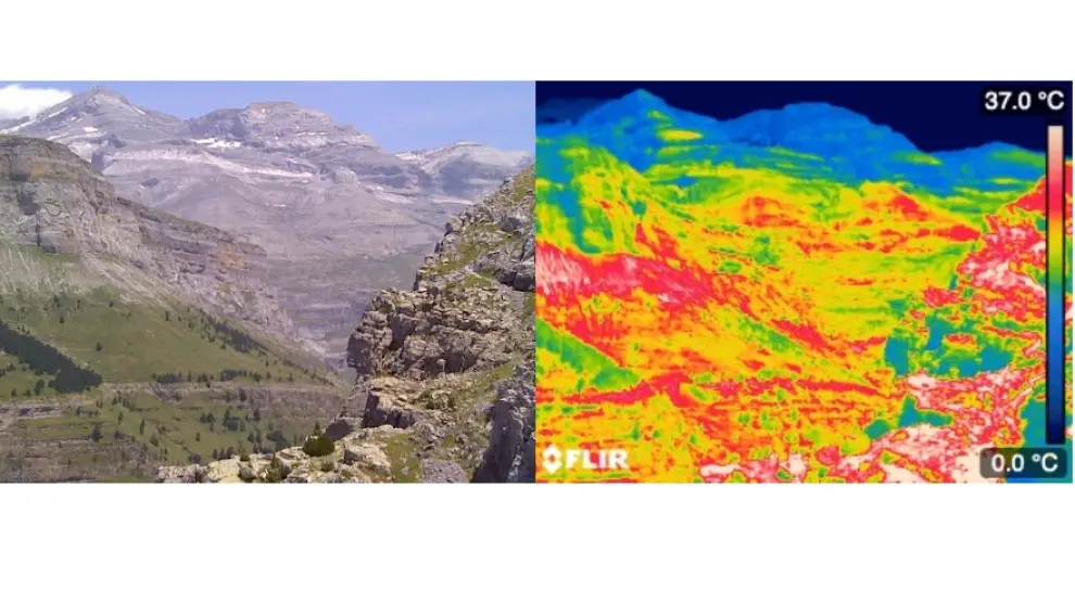 Imagen digital (izquierda) y térmica de la cabecera del valle de Ordesa, presidido por Monte Perdido, mostrando el mosaico de temperaturas asociadas al relieve y la altitud.
