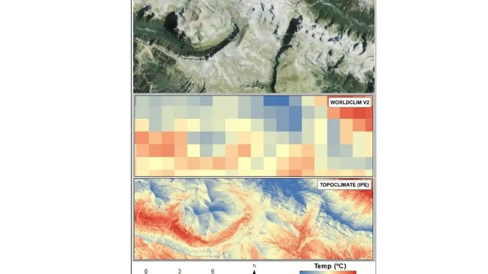 Arriba: ortofotografía aérea en RGB de los valles de Ordesa, Añisclo y Pineta. En el centro: imagen térmica obtenida de la base de datos climática WorldClim (1 km de resolución). Abajo: imagen térmica del modelo topoclimático generado con datos de iButtons y variables topográfico-ambientales obtenidas a partir de datos LiDAR (5 m de resolución), obtenidos desde aviones con tecnología láser.