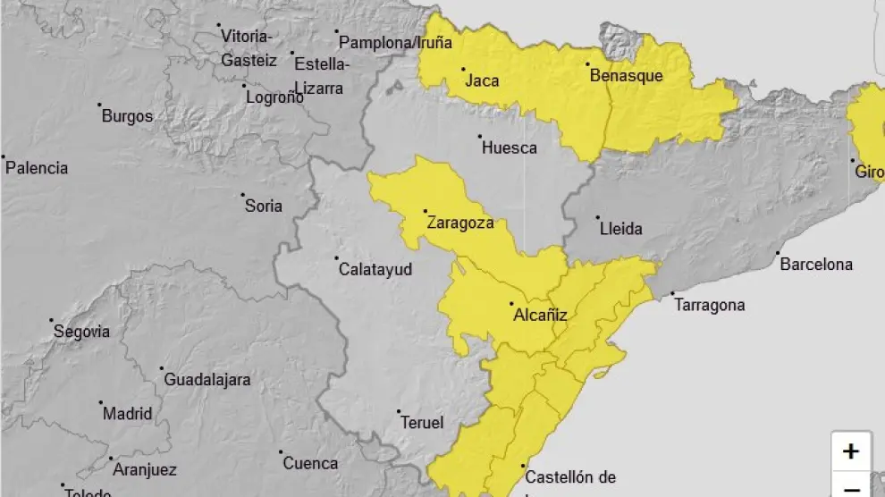Mapa de prealerta amarilla por viento en Aragón.