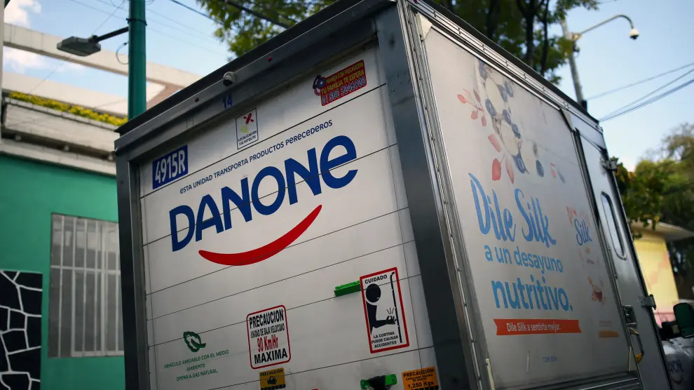 FILE PHOTO: A company logo of the French food group Danone is pictured on a truck in Mexico City