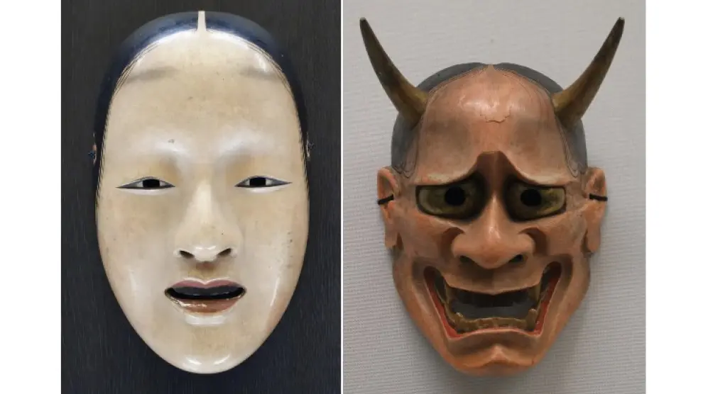 Máscara de mujer para teatro noh (Japón, siglo XVIII), a la izquierda; y mujer endemoniada por los celos en el teatro noh, a la derecha