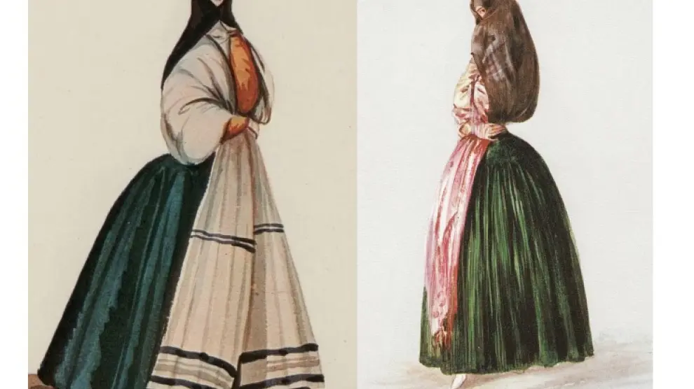 Tapada limeña, del artista peruano Pancho Fierro (Perú, 1854), a la izquierda; ilustración de una tapada limeña del artista alemán Johann Moritz Rugendas (Perú, 1847).