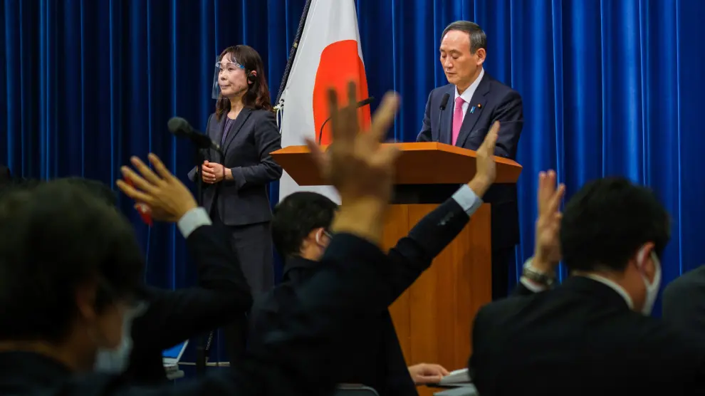 Japan's Prime Minister Suga Yoshihide holds a news conference in Tokyo