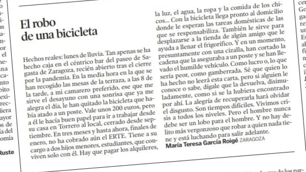 Carta al director que mandó Teresa García Roigé sobre el robo de la bicicleta.