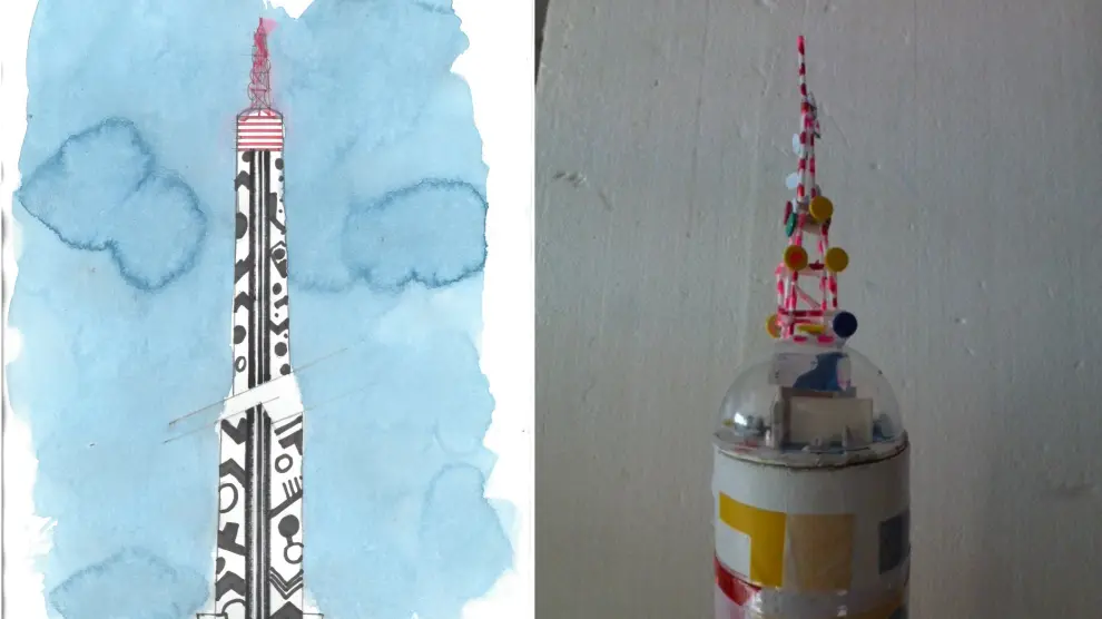 Boceto y detalle de la maqueta realizados por Arrudi para la torre alta de la central térmica