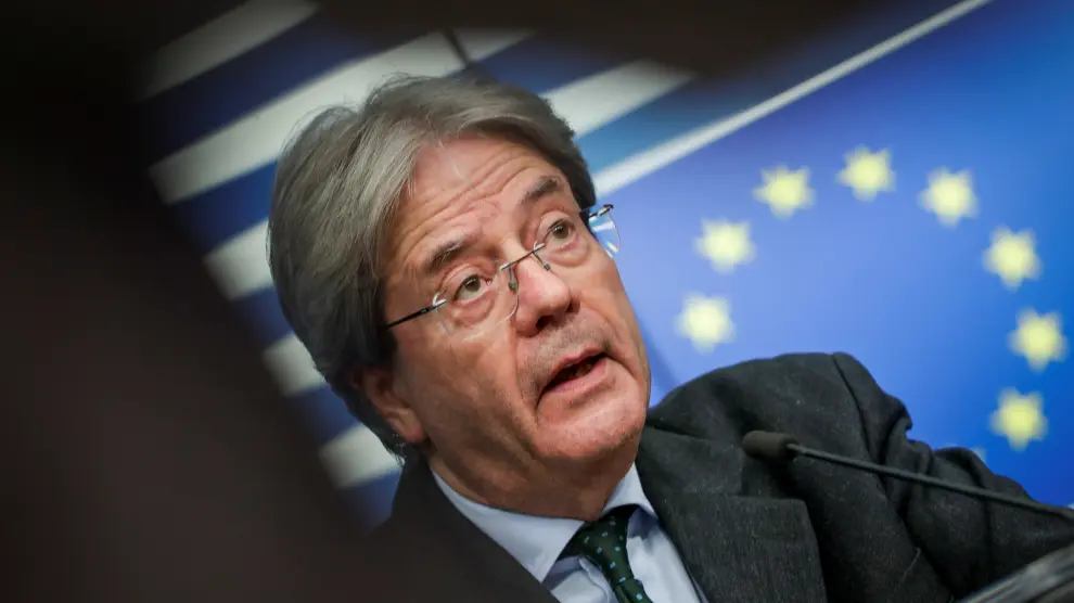 EU Commissioner for Economy Paolo Gentiloni holds a news conference after a virtual Eurogroup meeting at the European Council in Brussels