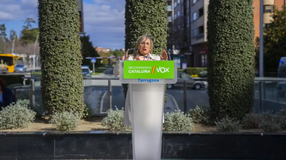 La dirigente de Vox Isabel Lázaro, en un acto de campaña a finales de enero en Reus.