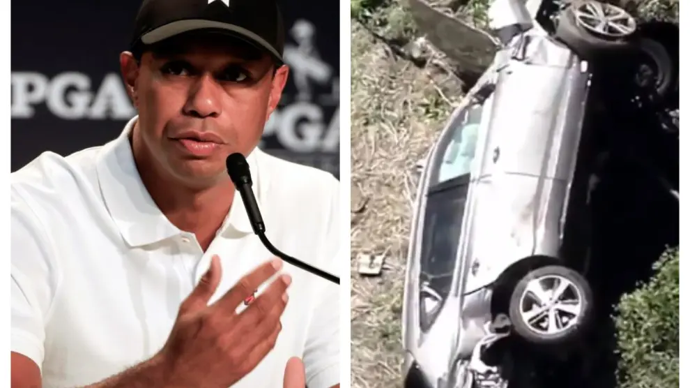 Combo de imágenes de Tiger Woods y del estado en el que quedó su coche